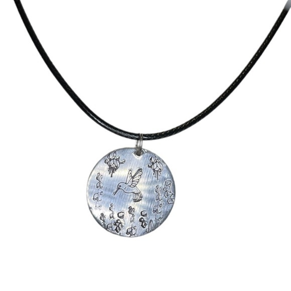 Handmade‎ stamped hummingbird floral silver aluminum Black leather cord necklace
